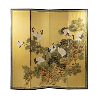 Chinese Gold Painted Crane Scene 4 Panel Divider Screen