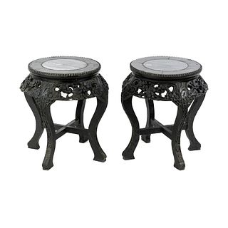 (2) Pair of Chinese Ebonized Wood and Marble Plant Stands