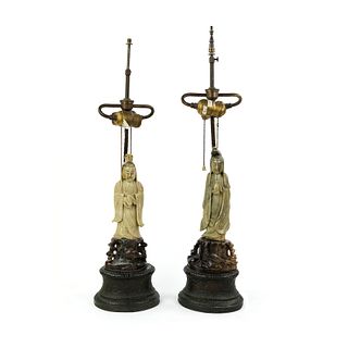 (2) Carved Soapstone Kwan Yin Figural Table Lamps