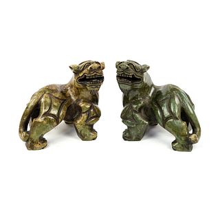 (2) Pair of Chinese Hardstone Carved Pixiu Lion Figures