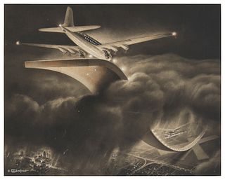 Alexander Leydenfrost, (1888-1961), Surrealist plane landing, Mixed media on paper, Sight: 16.125" H x 20.25" W