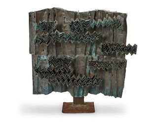 Abram Schlemowitz, (1910-1998), Untitled, Copper brutalist sculpture on a iron base, 16" H x 20.5" W x 6" D; with the base: 18.5" H x 20.5" W x 6" D