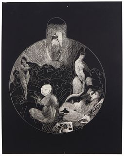 Herman Braun-Vega, (1933-2019), Female nude group with vase, 1972, Drawing on scraperboard, Image: 10" H x 8.75" W; Scraperboard: 13.875" H x 11" W