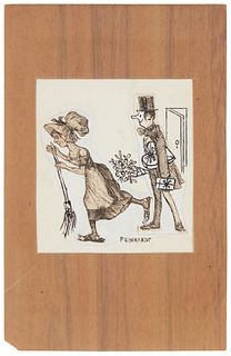 Ad Reinhardt, (1913-1967), Man wooing woman with flowers and chocolates, 1946, India ink and gouache on paper collage, Image: 3" H x 2.75" W ; Support