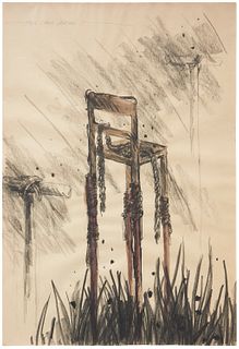 Jody Pinto, (b. 1942), "Tall Chair Waiting," 1976, Mixed media on paper, Sheet: 36" H x 24" W