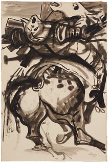 Rico Lebrun, (1900-1964), "Fall of Samurai," 1957, Black ink and wash on paperboard, 36.25" H x 23.875" W