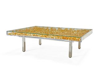 Yves Klein, (1928-1962), "Table Monogold," designed 1961/1963, Gold leaf, glass, Plexiglass, wood, and steel, 14.25" H x 49.25" W x 39.25" D