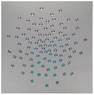 Wen-Ying Tsai, (1928-2013), "Multi-Chromatic #1," 1970, Metal and iridescent disks, 24" H x 24" W