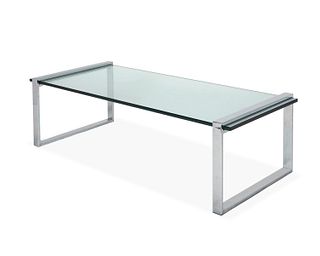 A Milo Baughman-style glass and chrome cocktail table, 20th century, With rectangular glass top with chromed metal box-style legs, 17.5" H x 60" W x 2