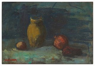Earl Kerkam, (1891-1965), Still life with a vase and fruit, Oil on board, 12" H x 17.25" W