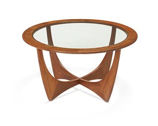 A V.B. Williams for G-Plan modern walnut and glass coffee table Circa 1960s 18" H x 33" Dia.