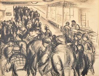 Bernard Gussow Drawing, City Crowd Scene