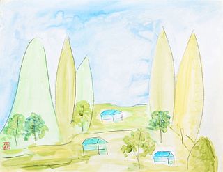 Walasse Ting Landscape Painting, Work on Paper, 40"W