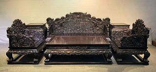 SET OF XIAOYE ZITAN WOOD CARVED CHAIRS&TABLE
