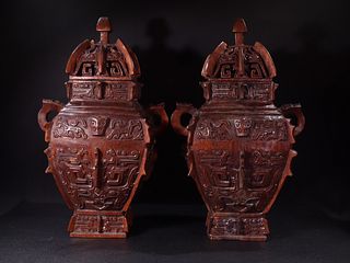 PAIR OF CHENXIANG WOOD CARVED BEAST VASES