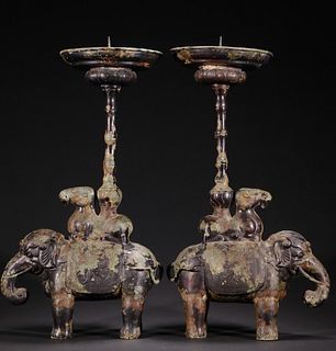PAIR OF COPPER CAST SHEEP CANDLE HOLDERS