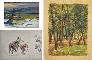 Set of 3: (1) Watercolor by unnamed artist (TTC initials verso)    (2) Gen. Guichardot Gouache   (3) Charles Simpson Drawing