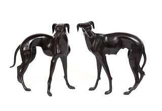 COMPANION PAIR OF LIFE SIZE BRONZE GREYHOUNDS