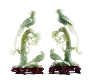 PAIR OF JADEITE CARVED PARADISE FLYCATCHERS