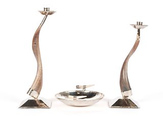 PAIR OF AIREDELSUR HORN CANDLESTICKS AND A BOWL