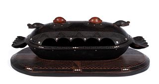 POLYNESIAN COVERED CEREMONIAL BOWL ON UNDERTRAY