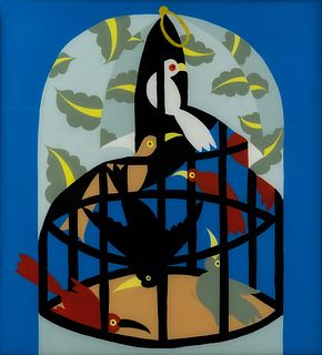 Bob Christian Acrylic on Glass Bird in Cage Painting 