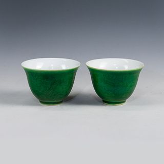 (2) Chinese Chenghua Green Glaze Dragon Motif Teacups