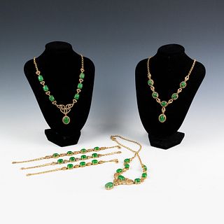 (6) Chinese Green Jade and Brass Jewelry Set