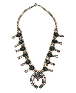 Navajo Turquoise and Silver Squash Blossom Necklace c. 1950s, 22" length (J15183-021)