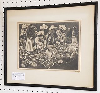 FRAMED LITHO "TAXCO MARKET" PENCIL SGND. HOWARD COOK 9-1/4" X 12-1/4" W/ARTS AND CRAFTS ASSOC. MERIDEN CT. GALLARY LABEL ON BACK