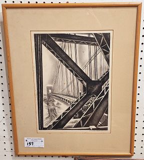 FRAMED LITHO "HIDSON RIVER BRIDGE" PENCIL SGND HOWARD COOK W/ KENNEDY AND CO RARE PRINTS LABEL ON BACK 14 1/2" X 10 1/2" W/ FRAME 21 1/2" X 17 1/4"