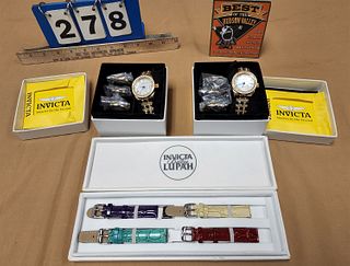 TRAY 2 BX'D NEW INVICTA WRIST WATCHES W/3 INTER CHANGEABLE FACE SURROUNDS AND 4 LEATHER BANDS