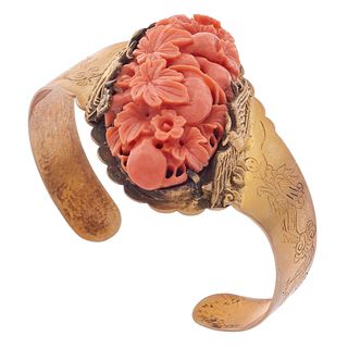Chinese Export Coral, Silver Gilt Cuff Bracelet