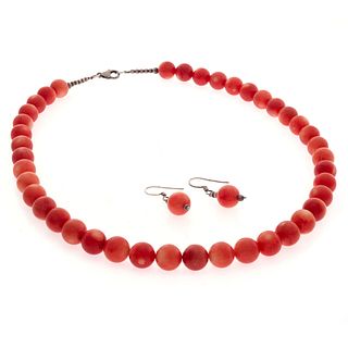Coral Bead Necklace and Earrings