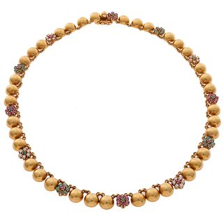Diamond, Ruby, Emerald, 18k Yellow Gold Necklace