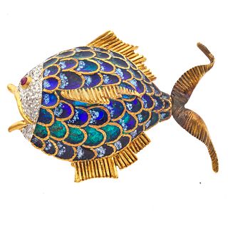 Cheany Ruby, Plique-a-Jour Enamel, 18k Yellow and White Gold Fish Pin