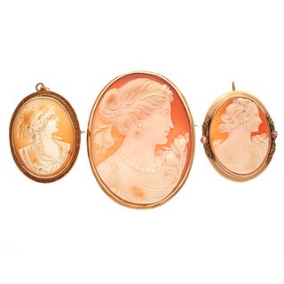 Collection of Three Cameo, 10k Yellow Gold Pin Pendants