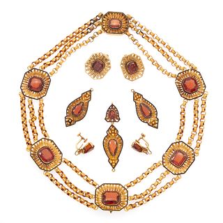 Victorian Garnet, Citrine, Enamel, 14k Jewelry Suite, Citrine earring tops later addition.