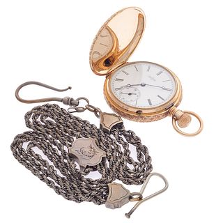 Elgin 14k Rose Gold Hunting Case Pocket Watch with Silver Watch Chain
