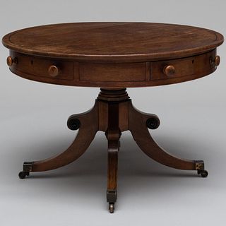 Regency Inlaid Ebony Carved Oak Drum Table