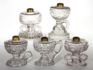 ASSORTED PATTERN GLASS KEROSENE FINGER LAMPS, LOT OF FIVE