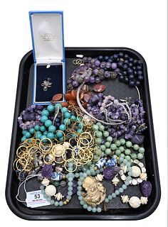 Tray Lot of Hardstone Necklaces and Silver