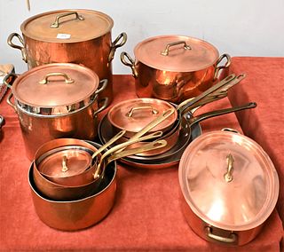 Large Group of Copper and Brass Pots and Pans