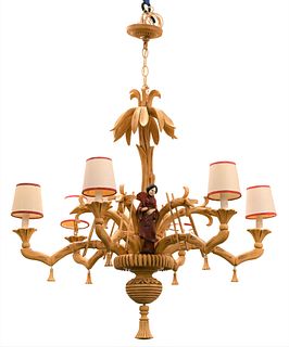 Carved Oriental Style Wood and Painted Figural Chandelier