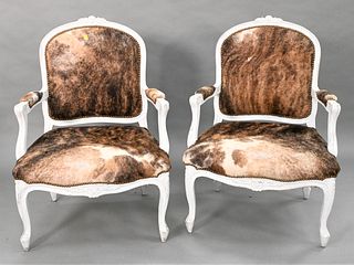 A Pair of Custom Hyde Upholstered Louis XV Style Open Armchairs