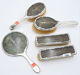 Five Piece Shagreen and Silver Dressing Set