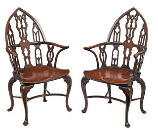 Pair Gothic Style Mahogany Open Armchairs