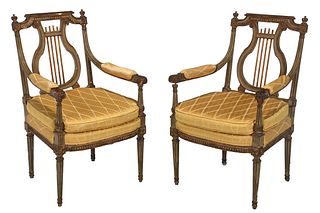 Fine Pair Louis XVI Style Painted Parcel Gilt Lyre Back Armchairs