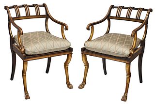 Fine Pair Regency Style Giltwood Faux Painted Open Armchairs