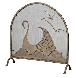 Art Deco Iron and Steel Swan Fire Grate Attributed to Oscar Bach